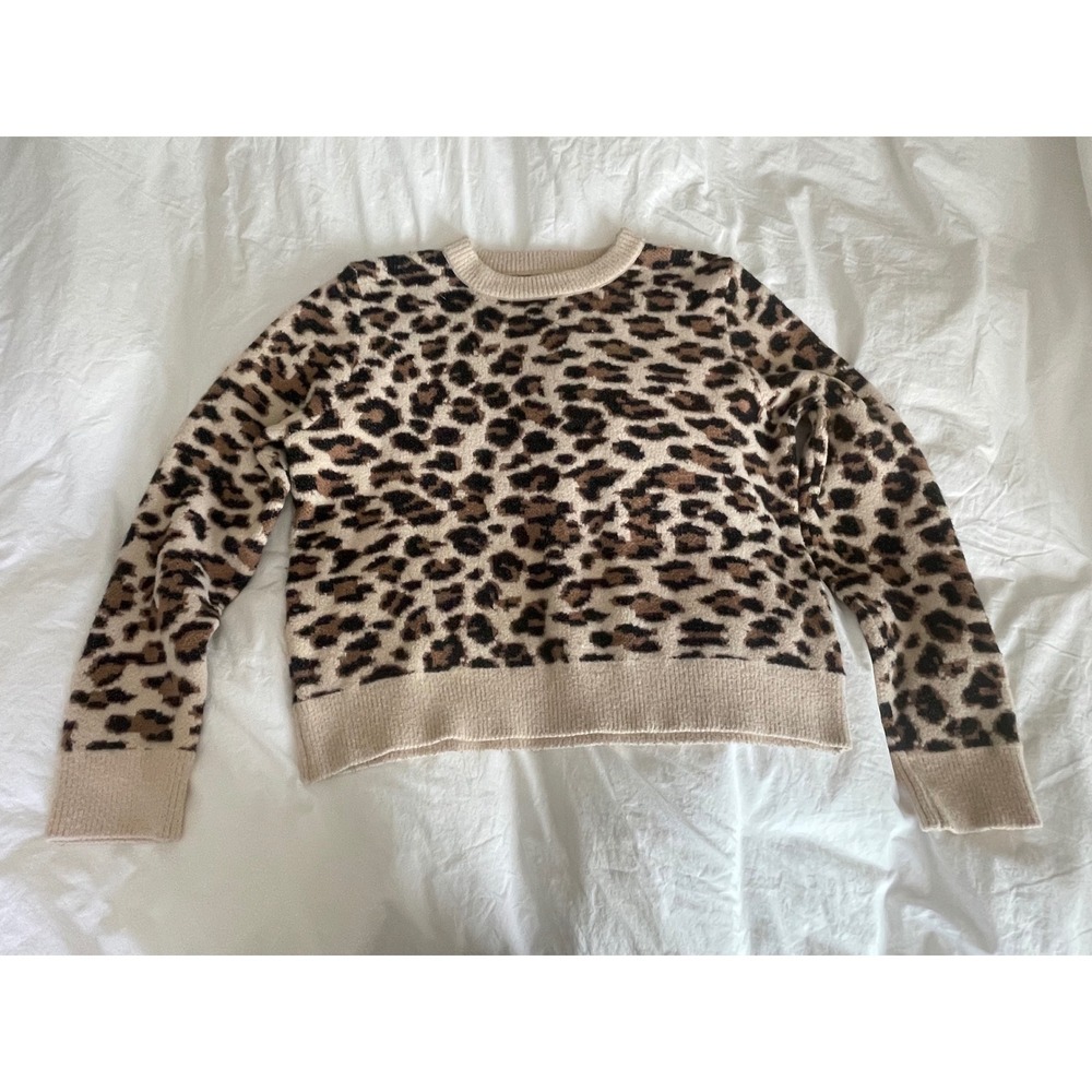 Leopard Print Crewneck Knit Sweater Animal Pattern Tan Brown Thick Cozy Size XL